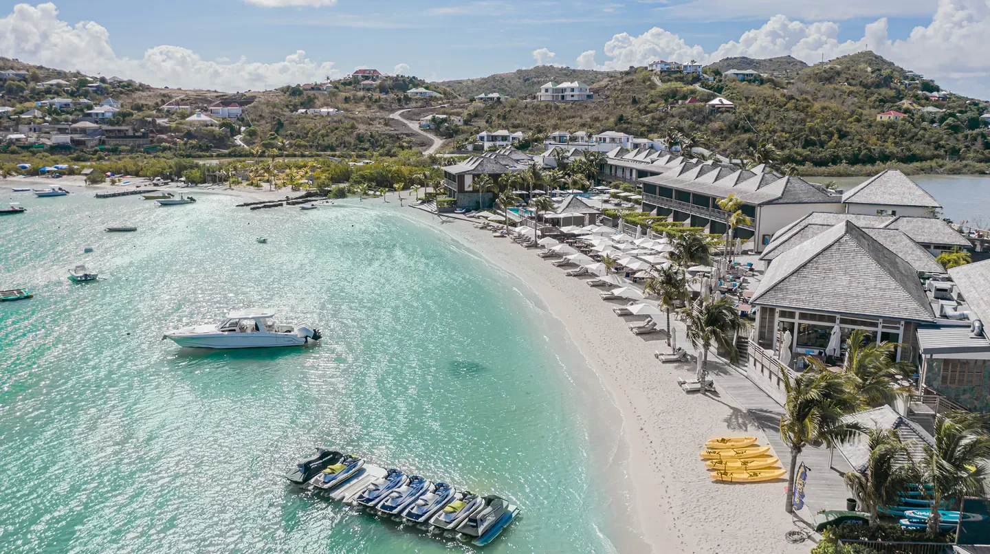 Aerial view of Le Barthélemy Hotel & Spa in St. Barts, showcasing beach and turquoise waters